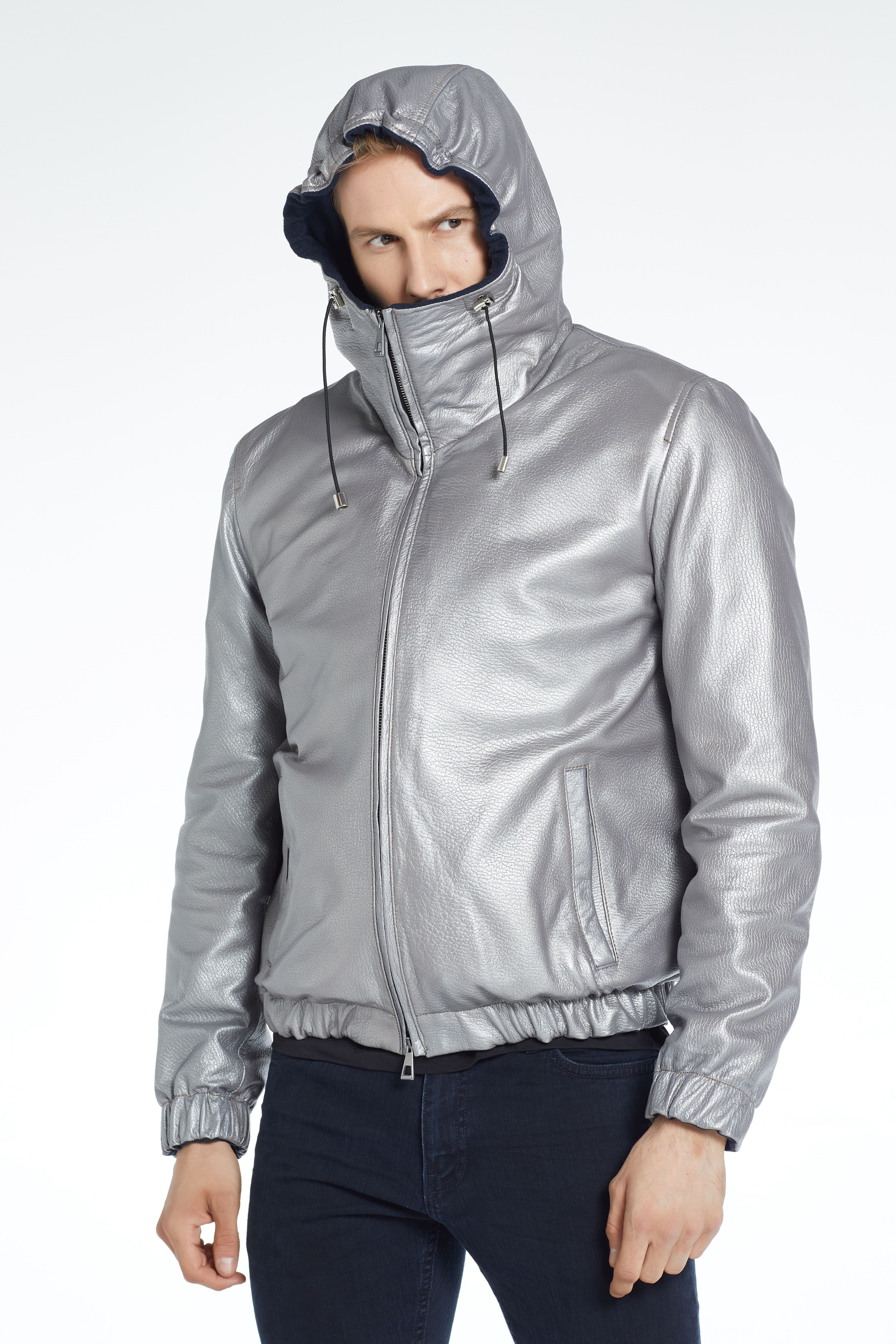 3071 Silver Erkek Deri Ceket Kapşonlu Bakır Detay