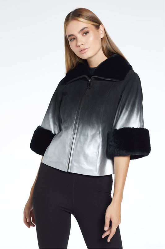 7093 Platin Kadın Deri Ceket Degrade Baskılı Kürklü Kapşonlu