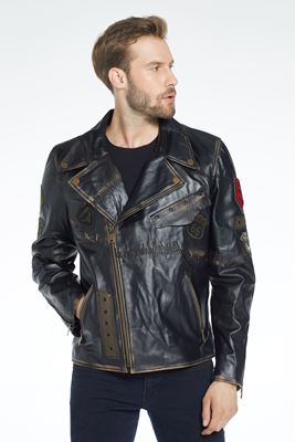3076 Siyah Erkek Deri Ceket Motorcu Silme Patch Detay