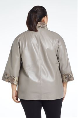 7024 Vizon Piton Baskı Detaylı Geniş Kol Kadın Deri Ceket