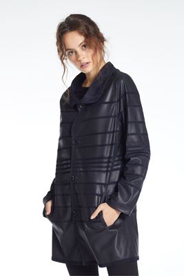 7048 Lacivert Uzun Süet Şerit Detaylı Silky Kadın Deri Ceket