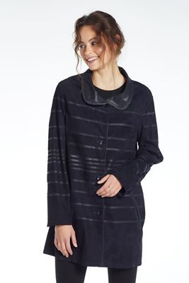 7048 Lacivert Uzun Süet Şerit Detaylı Silky Kadın Deri Ceket